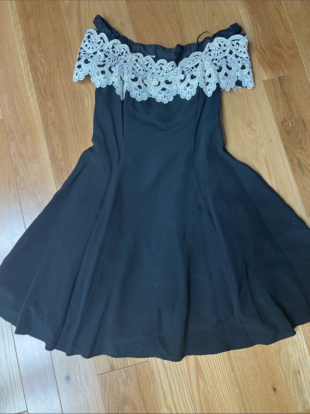 Jessica McClintock Black One-Shoulder Dress with White Lace